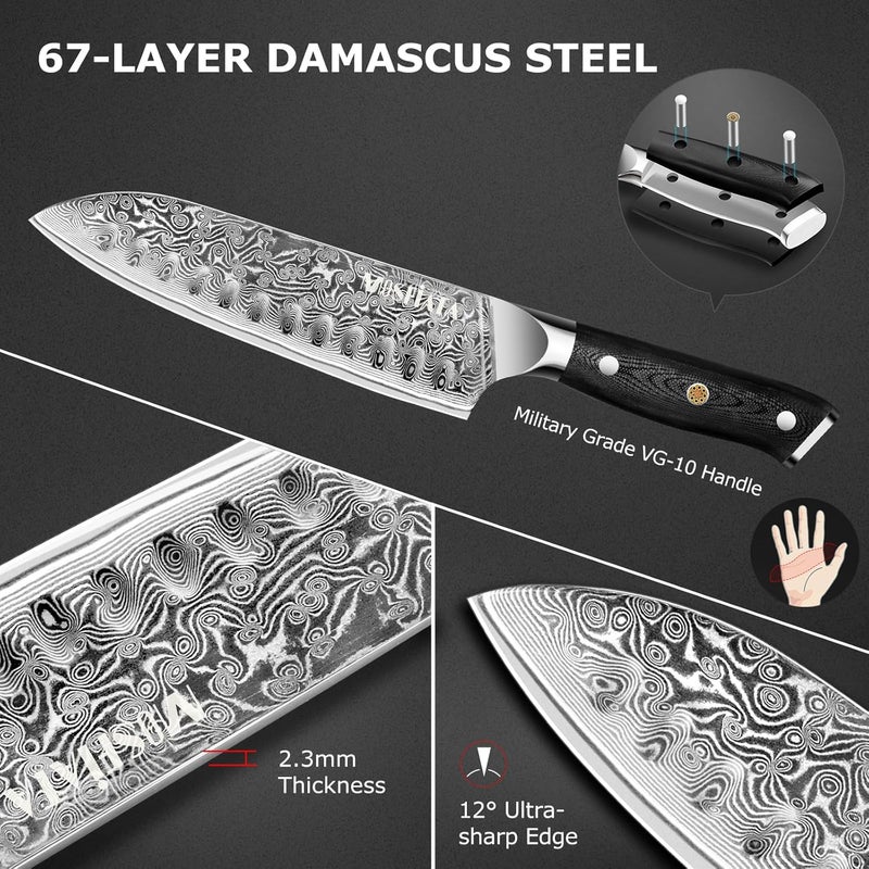 MOSFiATA Chef Knife,Kitchen Knife Santoku Chef's Knife 7 inch Multifunction Kitchen Knives Damascus Steel VG-10 Blade,Knife Sharpener Rod Gift Box - Image 2